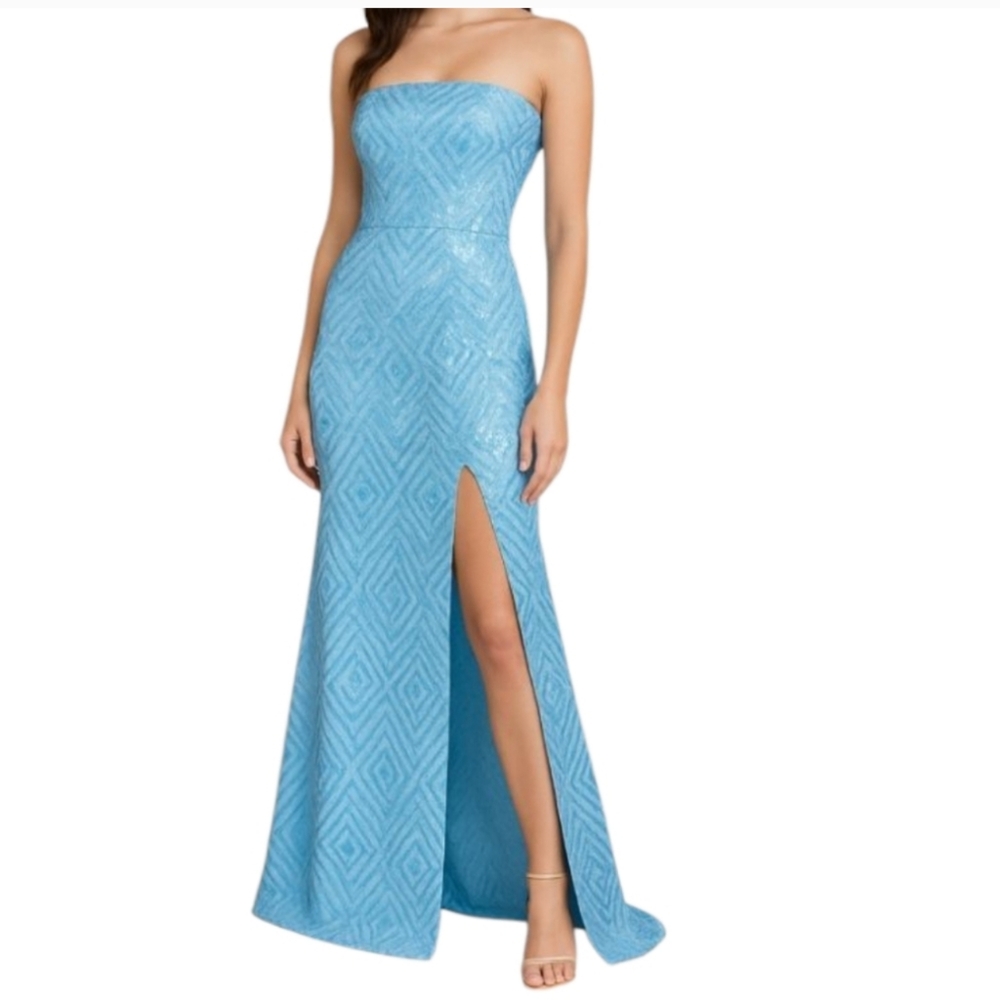 NEW Blue Sequin Strapless Side Slit Sparkle Gown Dress 9